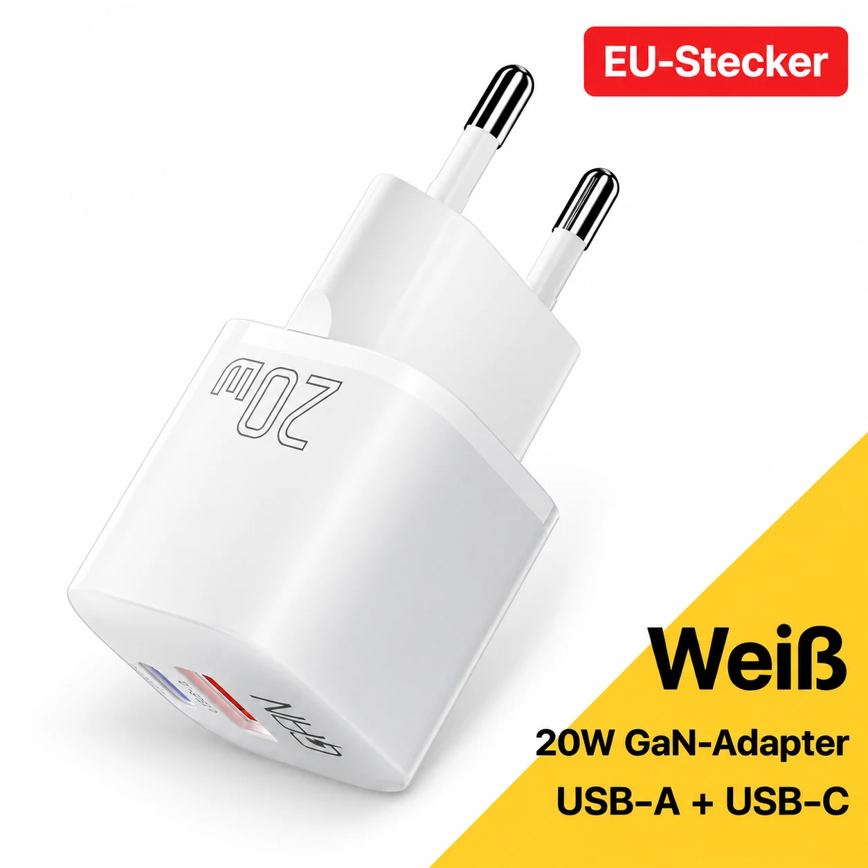 EU fişli, USB-A/USB-C bağlantılı beyaz ESSAGER 20W adaptör