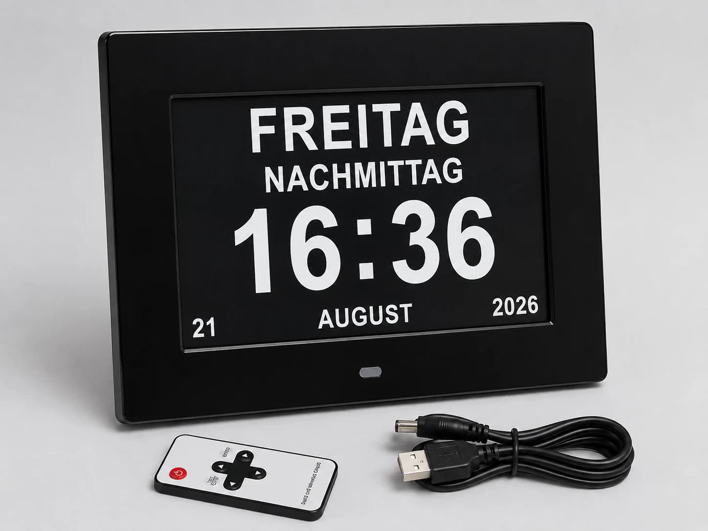 Black calendar clock with a large German display