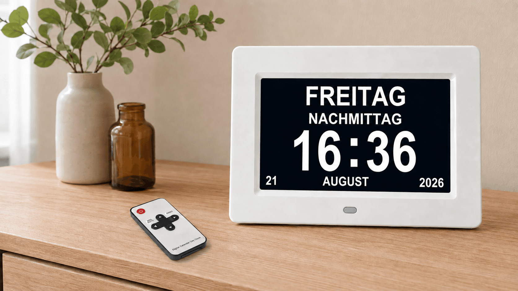 Weiße digitale Kalenderuhr mit großer deutscher Anzeige, Fernbedienung und USB-Kabel in einem hellen Wohnraum